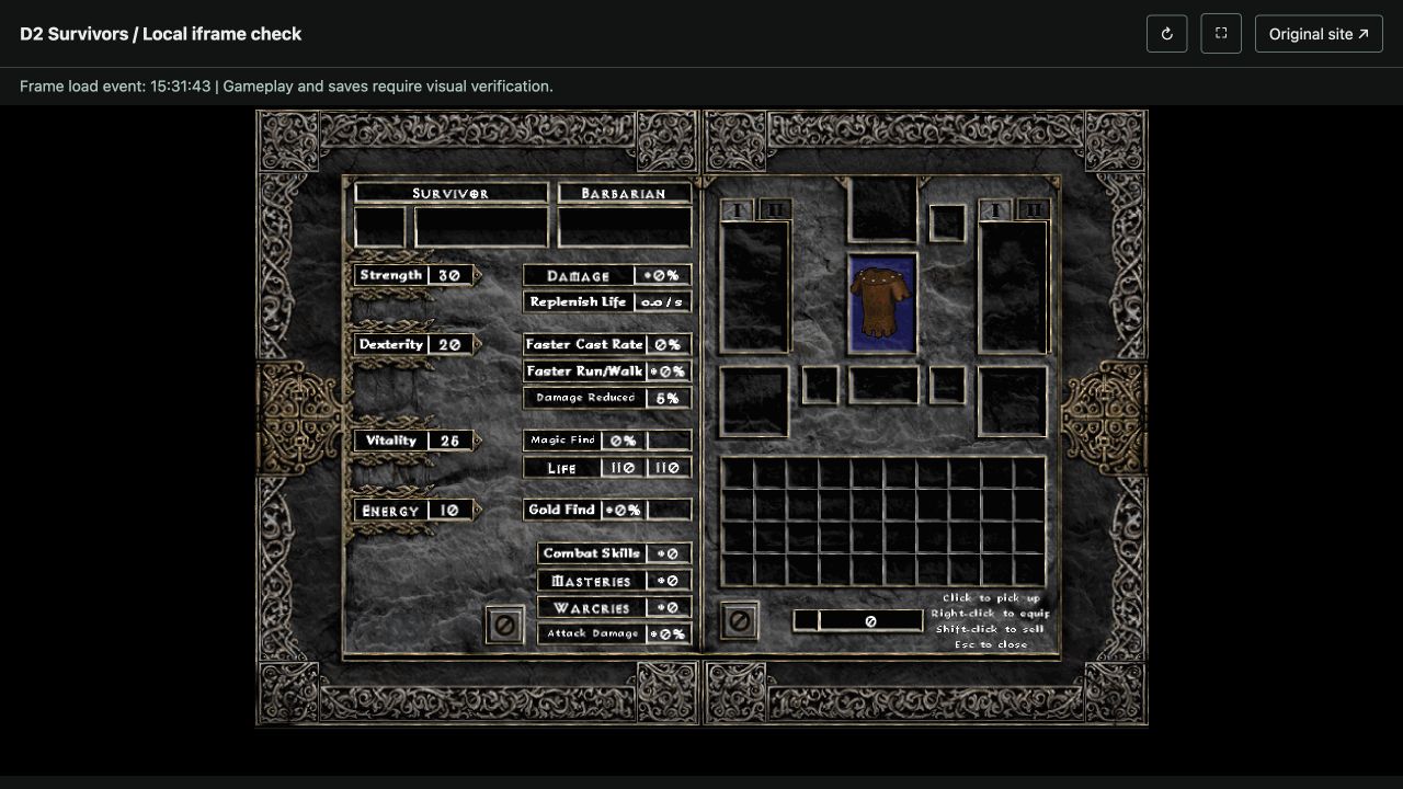 Inventory after reloading the local page, with the equipped armor still visible